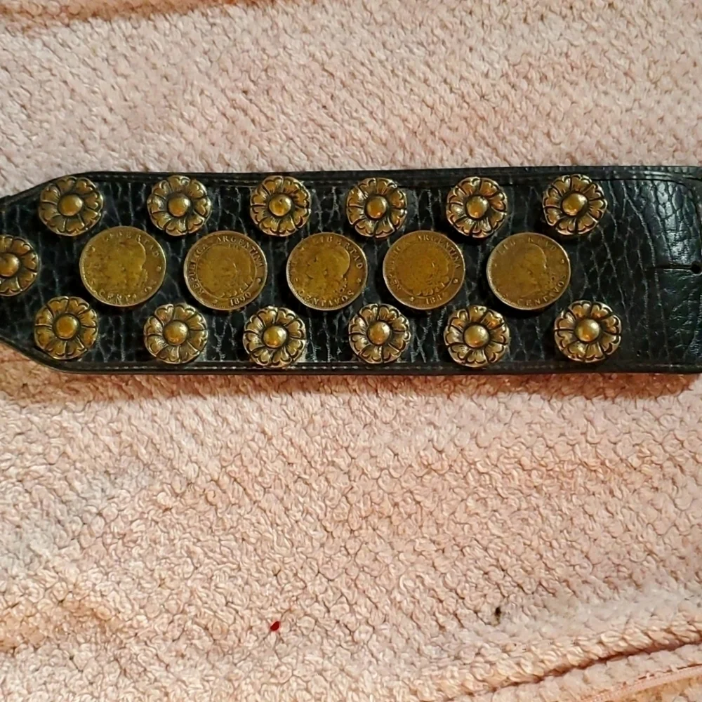 Vintage Leather Brass Flower Coin Belt Removable Buckle